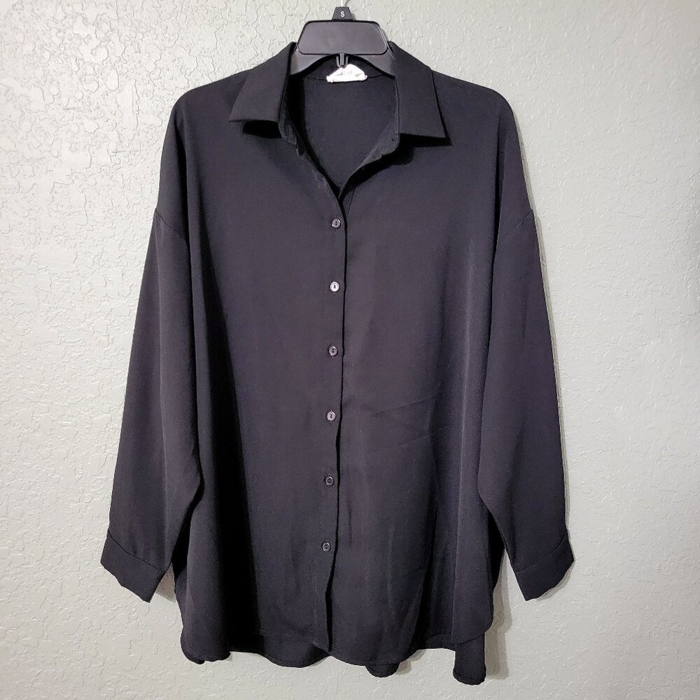 Andree by Unit Womens Long Sleeve Button Up Shirt Sz S Black Oversized Lagenlook